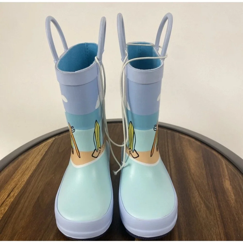 NEW Cat & Jack Rain Boots Kids Size 8 Blue Beach Surfboard Pull On Rubber Boots